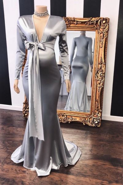 V-neck Long Sleeves Floor-length Stretch Satin Evening Dress