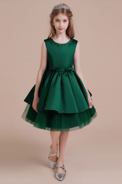 A-line Jewel Neck Sleeveless Knee-length Satin Flower Girl Dress With Bow