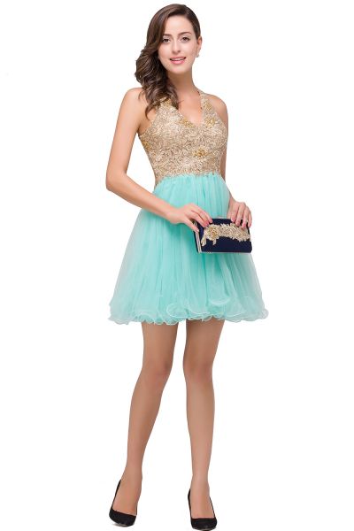 A-line Halter-neck Sleeveless Mini Organza Prom Dress With Appliques