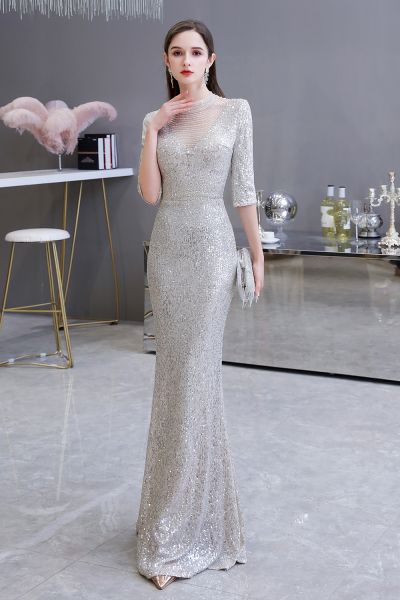 Mermaid Jewel Neck Half-Sleeves Sweep / Brush Train Tulle Evening Gown With Beading