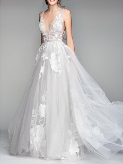 A-line V-neck Sleeveless Floor-length Lace Bridal Attire With Lace