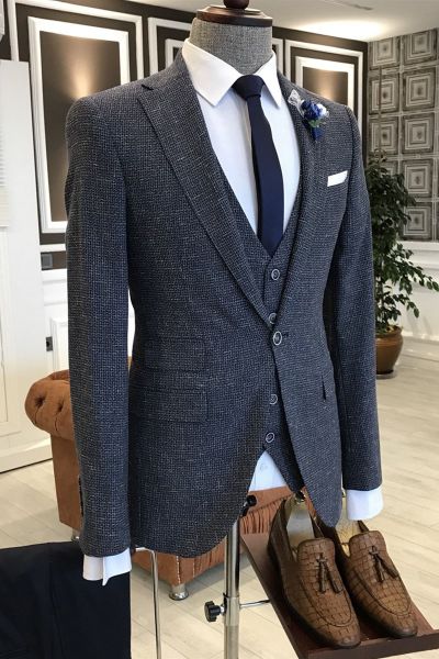Navy Blue Plaid Notched Lapel Business Suit