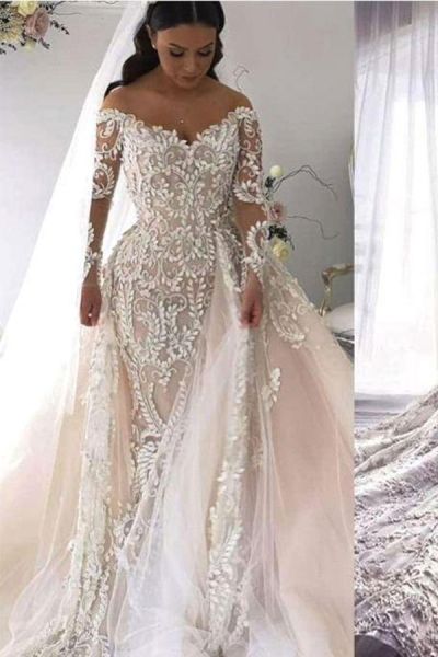 Mermaid Sweetheart Neck Long Sleeves Court Train Lace Bridal Attire With Appliques