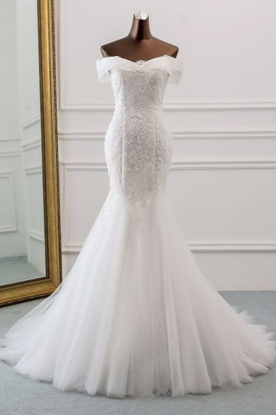 Mermaid Off-the-shoulder Sweetheart Neck Sleeveless Floor-length Tulle Bridal Attire With Appliques