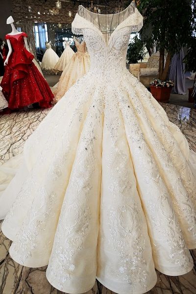 Ball Gown Cathedral Train Tulle Wedding Dress With Lace