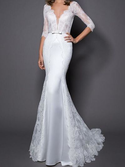 Mermaid V-neck Half-Sleeves Sweep / Brush Train Tulle Bridal Gown With Buttons