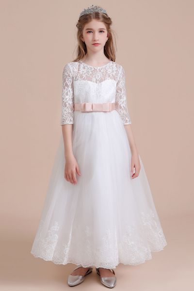 A-line Sweetheart Neck Jewel Neck 3/4-Length Sleeves Ankle-length Tulle Flower Girl Dress With Ribbons
