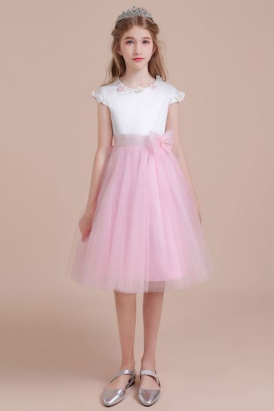 A-line Jewel Neck Short Sleeves Knee-length Satin Flower Girl Dress With Bow