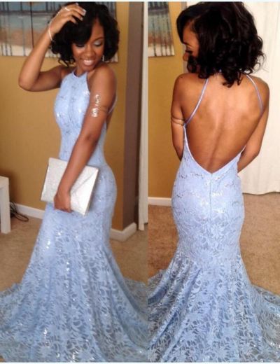 Mermaid Halter-neck Sleeveless Sweep / Brush Train Formal Dress With Lace