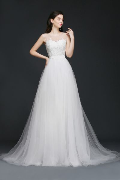A-line Jewel Neck Sleeveless Court Train Tulle Bridal Gown With Lace