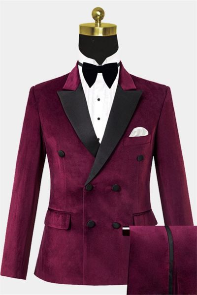 Burgundy Double Breasted Velvet Prom Suit with Notched Lapel