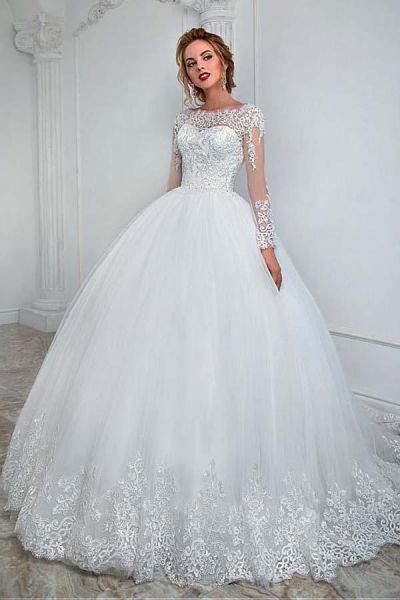 Ball Gown Jewel Neck Long Sleeves Chapel Train Tulle Bridal Dress With Lace