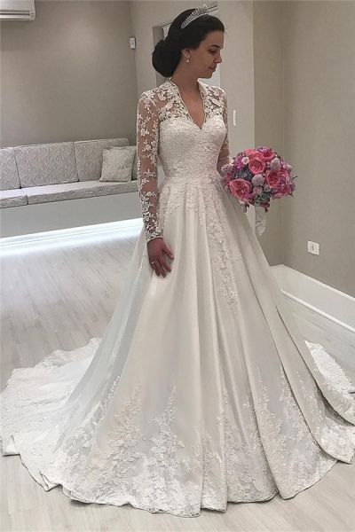 A-line V-neck Court Train Satin Wedding Gown With Lace