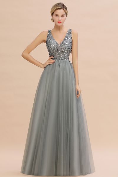 A-line V-neck Sleeveless Floor-length Tulle Evening Gown With Beading