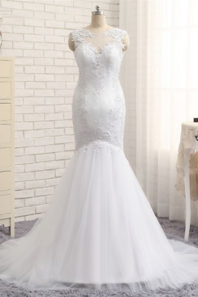 Mermaid Jewel Neck Sleeveless Floor-length Tulle Bridal Gown With Appliques