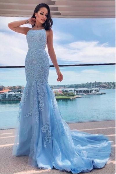 Mermaid Spaghetti Straps Sleeveless Sweep / Brush Train Tulle Formal Dress With Lace