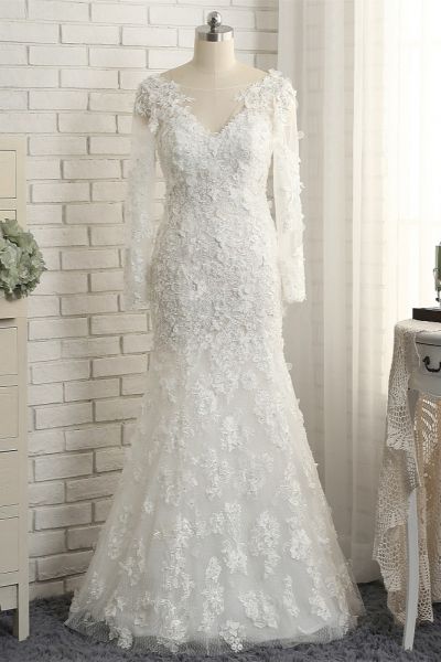 Mermaid Jewel Neck Long Sleeves Floor-length Bridal Attire With Lace