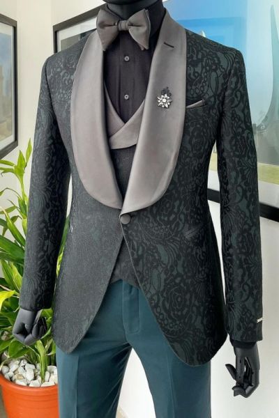 Sage Jacquard Wedding Suit with Shawl Lapel