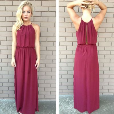 A-line Halter-neck Sleeveless Floor-length 100D Chiffon Evening Dress