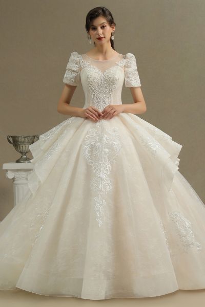 A-line Jewel Neck 3/4-Length Sleeves Floor-length Tulle Wedding Gown With Cathedral Train