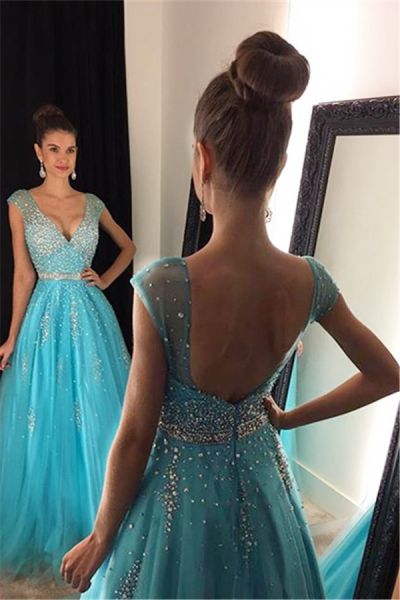 A-line V-neck Sleeveless Floor-length Tulle Formal Wear With Beading