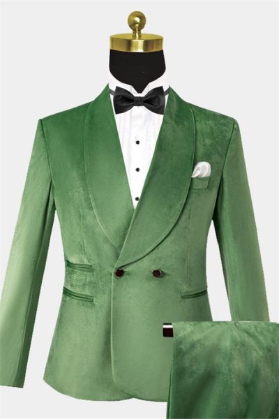 Green Double Breasted Velvet Prom Suit with Three Pieces