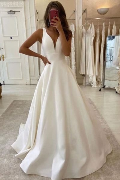 A-line V-neck Sleeveless Floor-length Satin Bridal Gown With Sweep / Brush Train