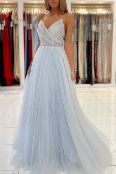 A-line Spaghetti Straps Sleeveless Floor-length Tulle Formal Dress With Ruffles