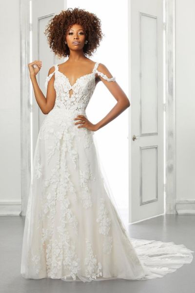 A-line Off-the-shoulder Sleeveless Sweep / Brush Train Lace Wedding Gown With Lace