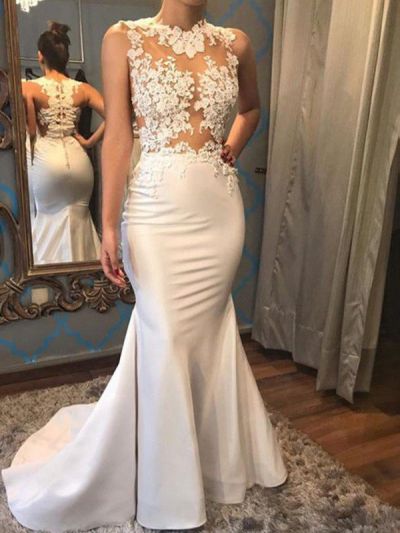 Mermaid Scoop Neck Sleeveless Court Train Satin Wedding Gown With Appliques