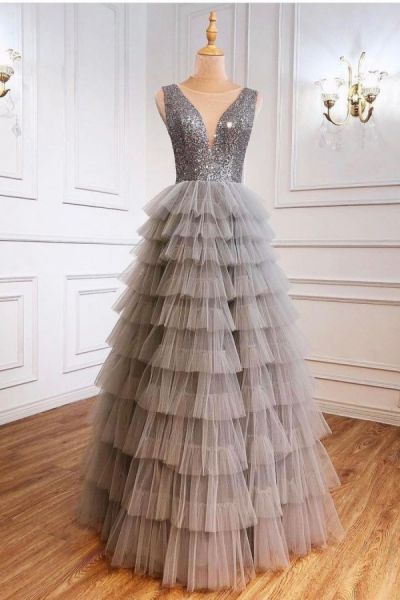 A-line V-neck Sleeveless Floor-length Tulle Cocktail Party Dress With Sequins