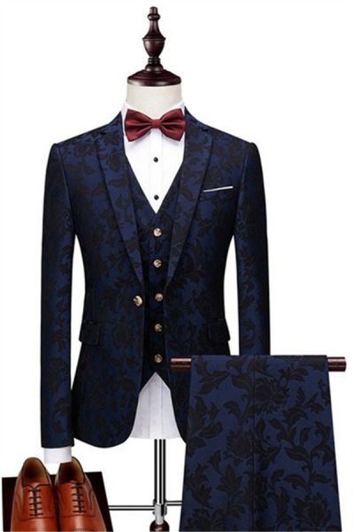Navy Blue Jacquard Prom Suit