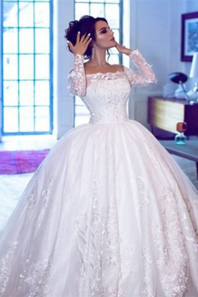 Ball Gown Off-the-shoulder Sweep / Brush Train Bridal Gown With Lace