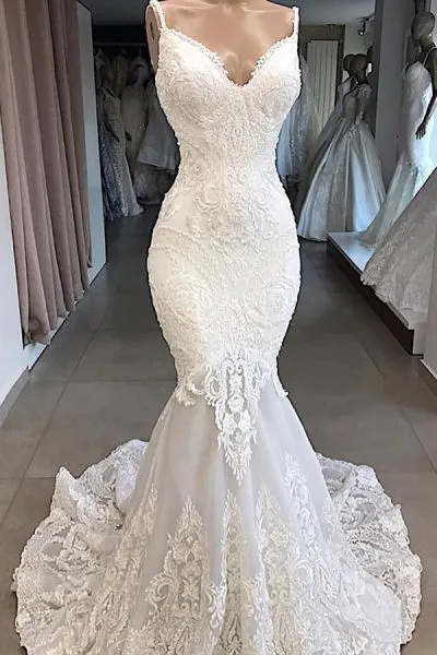 Mermaid Spaghetti Straps V-neck Sleeveless Court Train Tulle Wedding Gown With Appliques