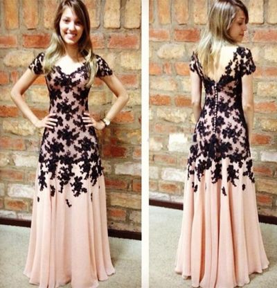 A-line Short Sleeves Floor-length 100D Chiffon Evening Gown With Appliques