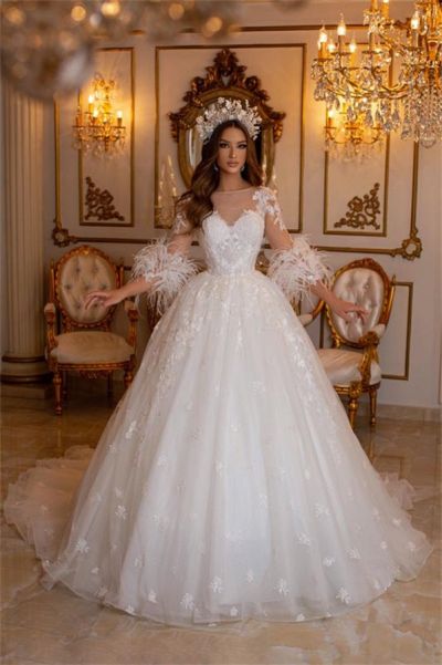 A-line Jewel Neck Long Sleeves Sweep / Brush Train Tulle Wedding Gown With Appliques