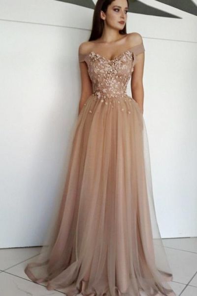 A-line Off-the-shoulder Cap Sleeves Floor-length Tulle Formal Dress With Appliques