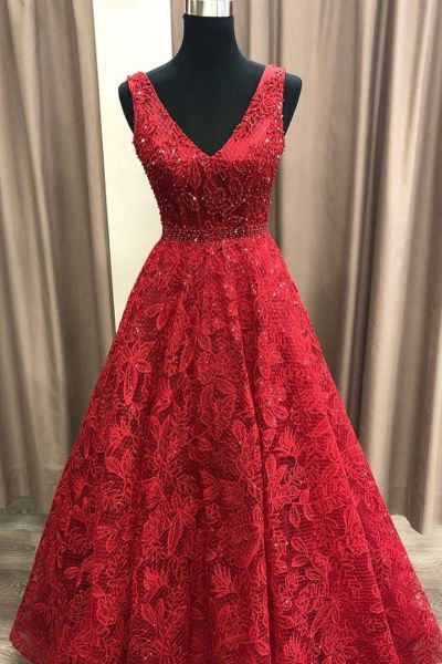 A-line Straps V-neck Sleeveless Floor-length Lace Evening Dress With Beading