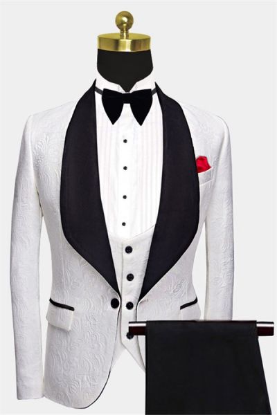 Floral White Dinner Suit with Black Lapel