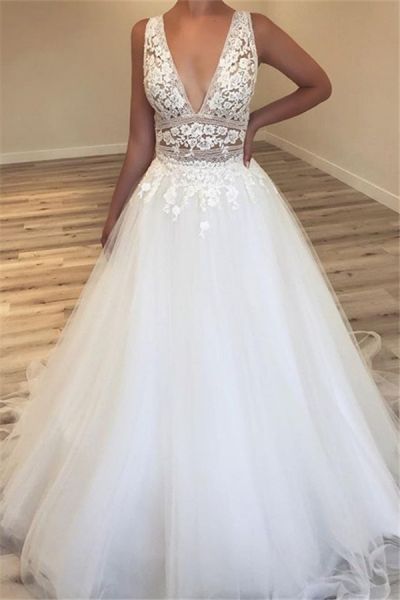A-line V-neck Sleeveless Sweep / Brush Train Tulle Wedding Gown With Lace
