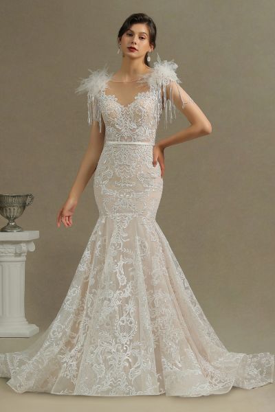 Mermaid Jewel Neck Sleeveless Cathedral Train Lace Wedding Gown With Crystal