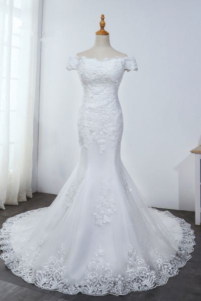 Mermaid Off-the-shoulder Short Sleeves Floor-length Tulle Wedding Dress With Appliques