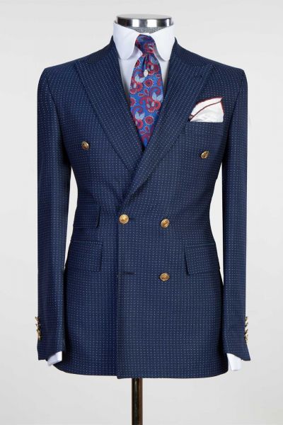Navy Double Breasted Peaked Lapel Men Suit