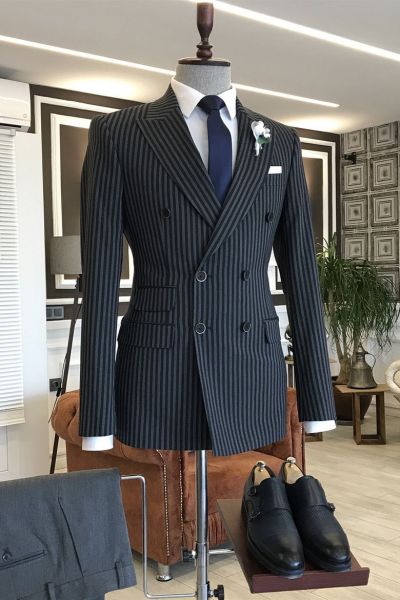 Black Striped Business Suit with Double Breasted Peaked Lapel