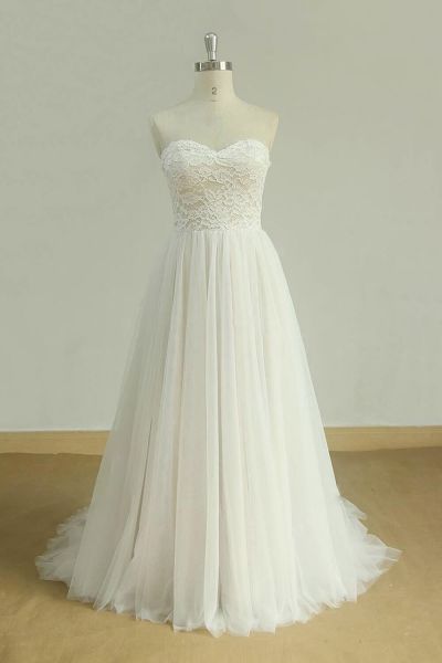 A-line Strapless V-neck Long Sleeves Floor-length Tulle Bridal Dress With Lace