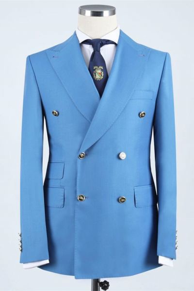 Blue Double Breasted Peaked Lapel Business Suit