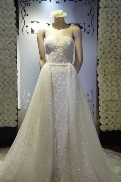 Column Strapless Sweetheart Neck Detachable Train Lace Wedding Gown With Lace