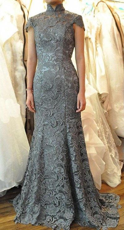 Mermaid High Neck Sweep / Brush Train Wedding Gown With Lace