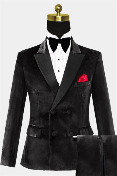 Black Double Breasted Velvet Prom Suit with Peak Lapel