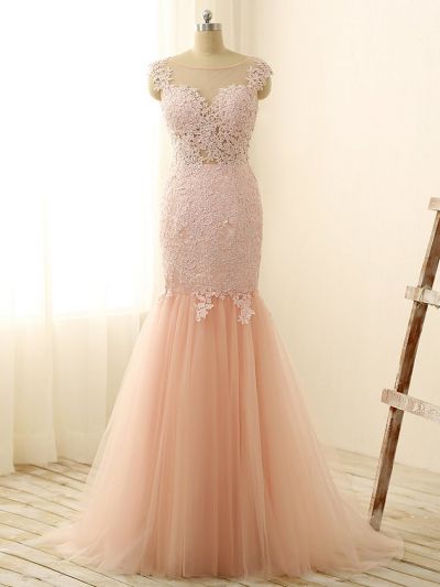 Mermaid Sleeveless Sweep / Brush Train Tulle Formal Dress With Lace
